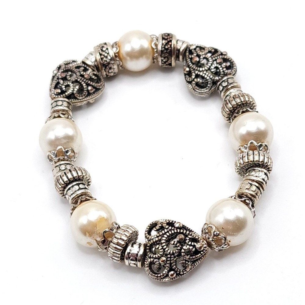 Silver Faux Pearl Heart Stretch‎ Bracelet